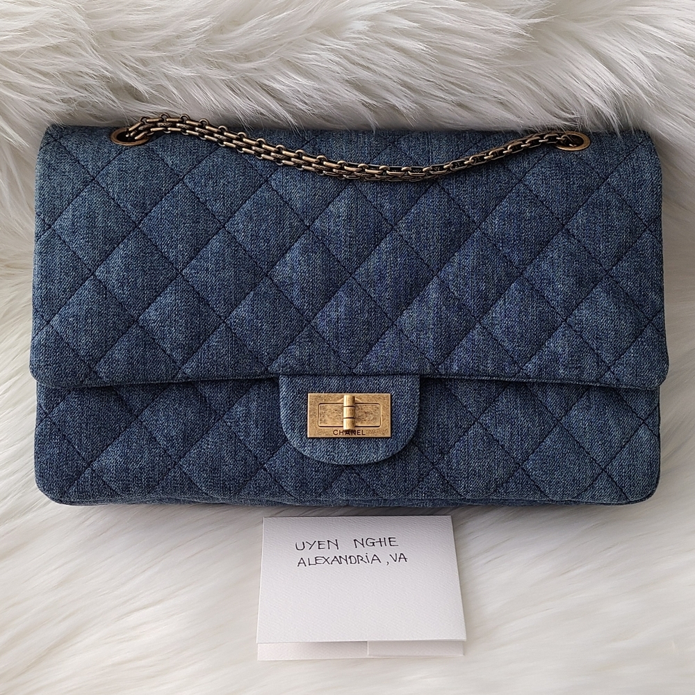 CHANEL Blue Quilted Denim Double Flap Shoulder Bag with Gold Chain
